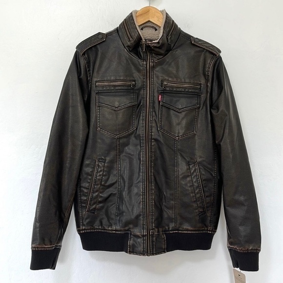 Levi’s Faux Leather Sherpa Lined Aviator Bomber Jacket Size M Brown Faux Leather - Picture 2 of 10